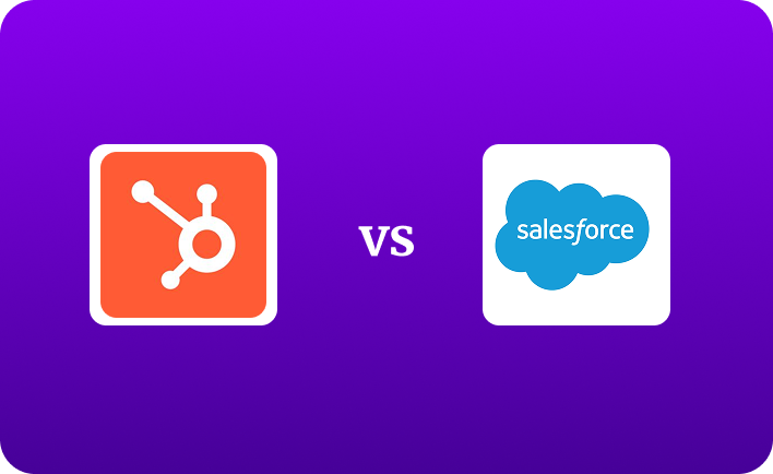 HubSpot vs Salesforce CRM comparison showing both platform logos on a purple background.